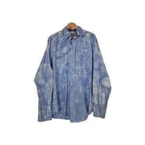 Red Ranch Shirt Mens Md Western Cowboy Pearl Snap Button Up Long Sleeve Blue